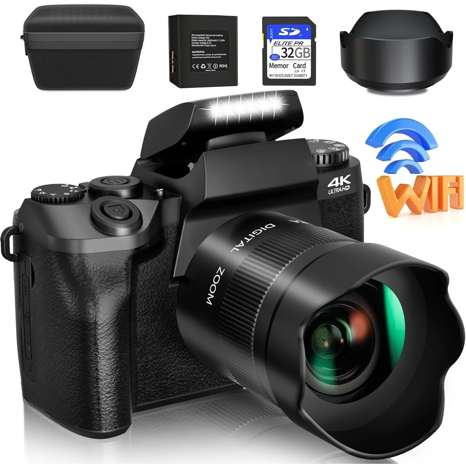 

4K Cameras for Photography 64MP WiFi Auto Focus YouTube Vlogging Video DSLR Cameras 4" Inch Touch Screen Camcorder with Flash