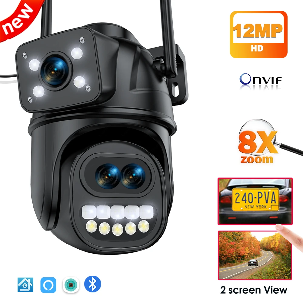 6K 12MP WiFi Camera 8X Zoom Outdoor Security Cam Dual Screen Alexa Onvif ICsee  Video Surveillance