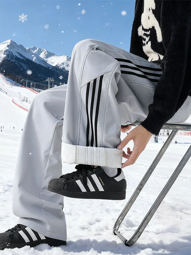 

Thiened Fce Winter Trousers Men's Outdoor Casual Straight Leg Pants Cold Resistant Skiing Hiking Trousers mid Waist Elastic