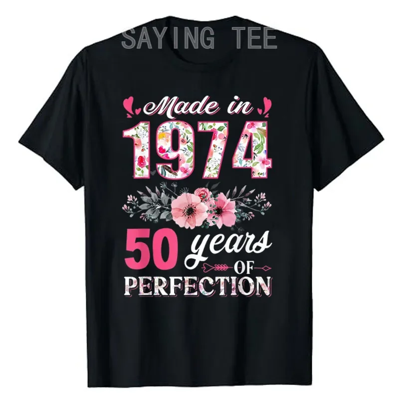 

Made in 1974 Floral 50 Year Old 50th Birthday Women T-Shirt Flowers Print Aesthetic Clothes Graphic Tee Y2k Tops Wife Mama Gift