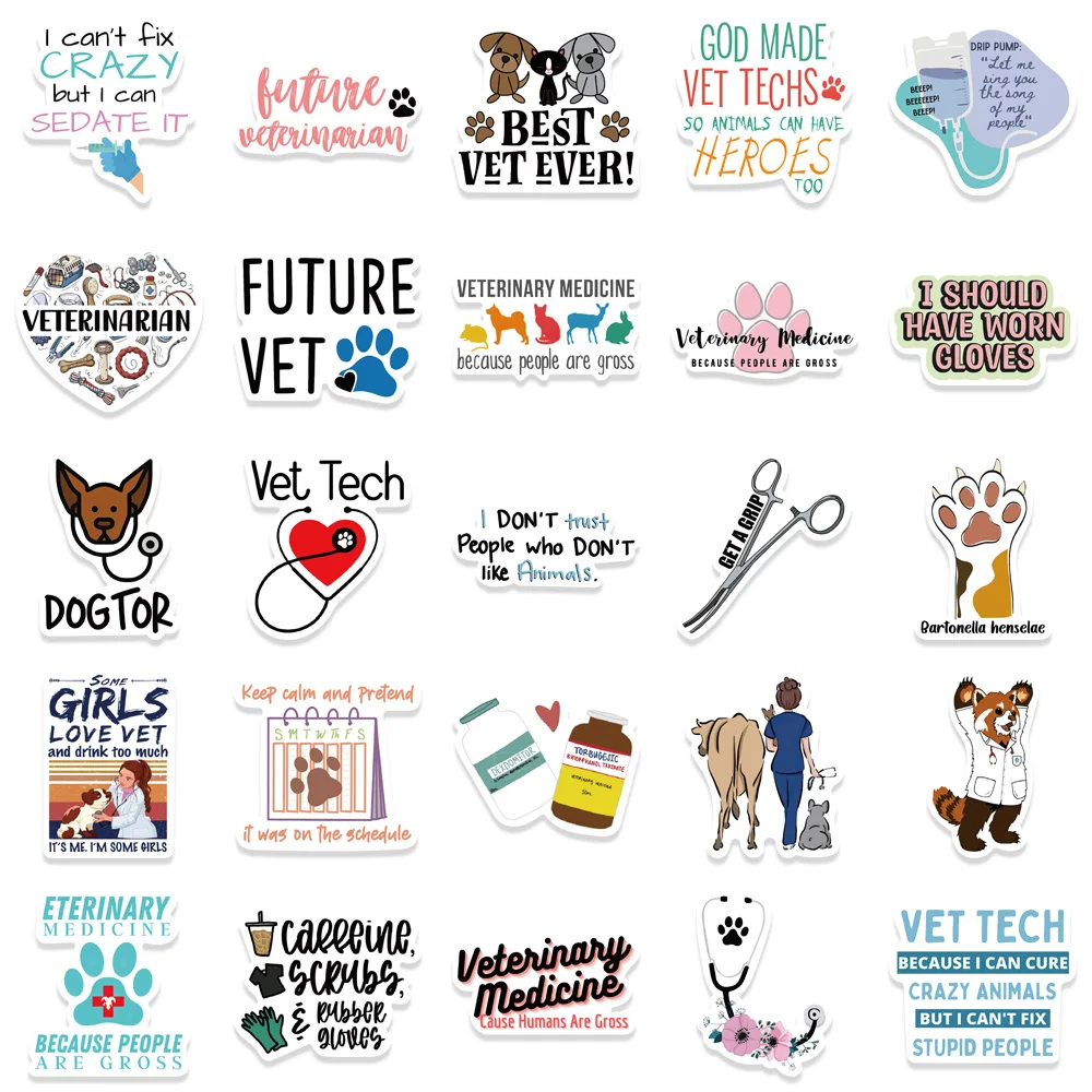 Desenhos animados Vinil Veterinário Adesivos, Médico Adesivos, Decalques para Laptops, Garrafas de Água, Bagagem, Acessórios Veterinários para Trabalho, 50Pcs