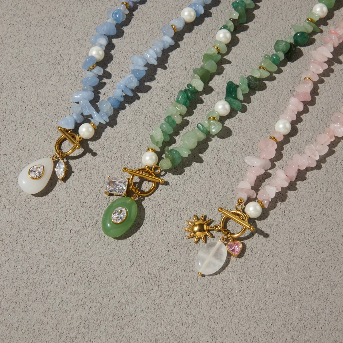 Fashion Oval Natural Stone Pendant Stainless Steel Necklace with Zircon Pearl Summer Style Stone Chip Handmade Collars Jewelry