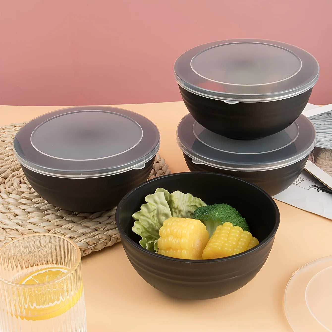 2/4pcs Black Plastic Bowl Set with Lid - For Soup, Oatmeal, etc. Ideal for camping, college dorms, family gatherings!