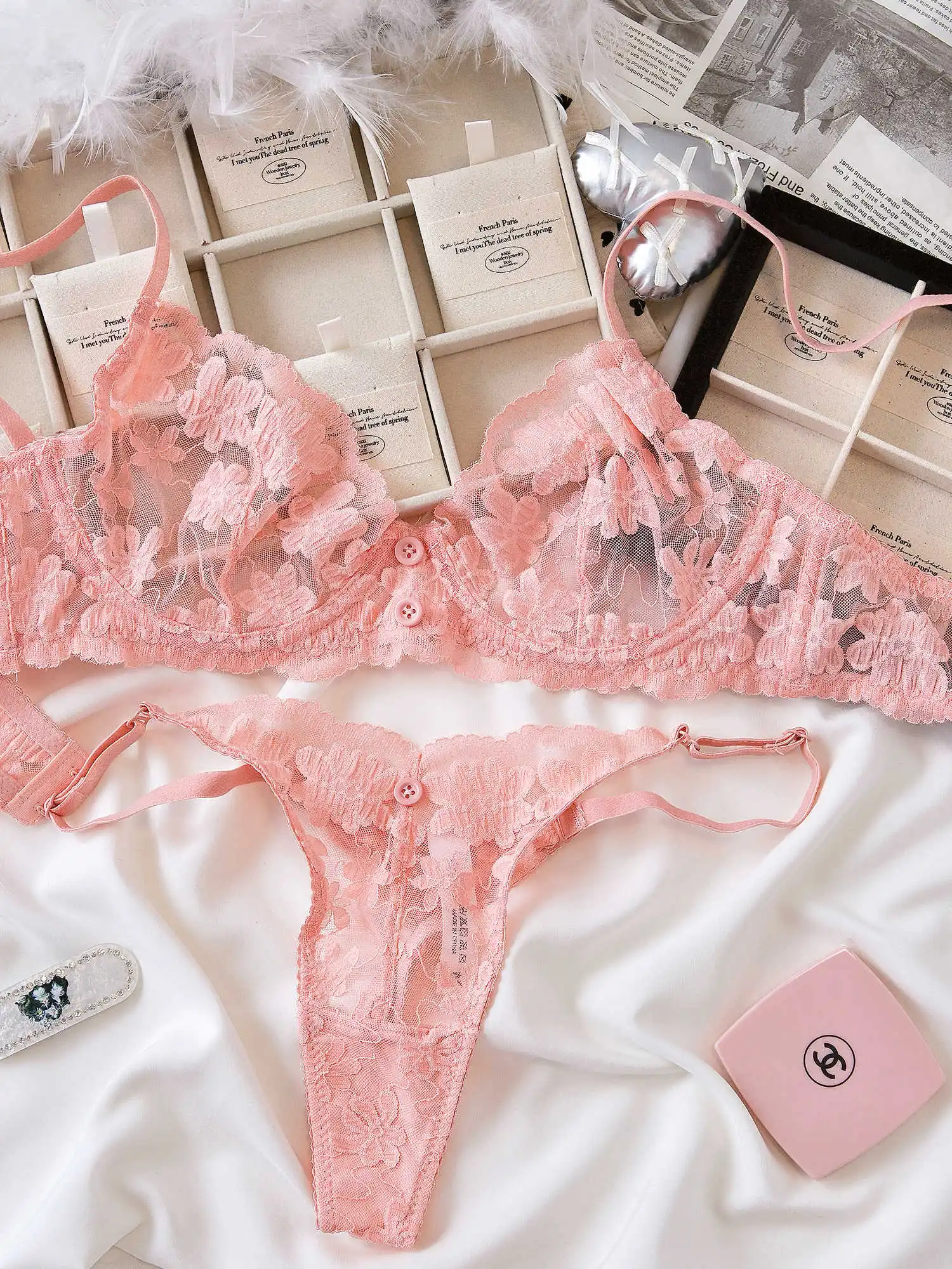 

Нежный и милый комплект нижнего белья и трусов, девичий бюстгальтер, кружевной прозрачный чувственный женский комплект нижнего белья, розовые бюстгальтеры пуш-ап большого размера