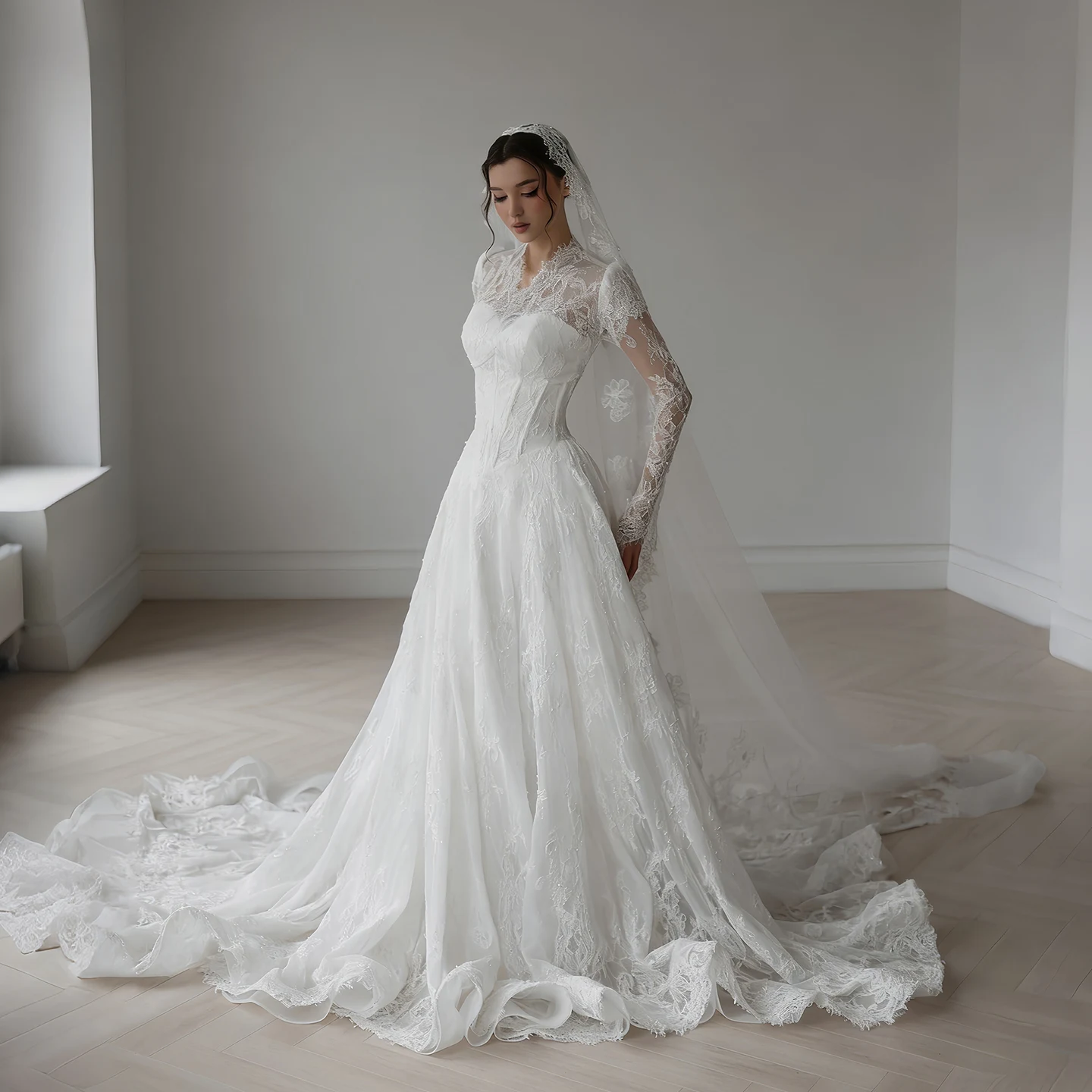 

Sharon Said Classic Lace Wedding Dress 2026 Long Sleeves Illusion Nec A-line Royal Train Bridal Gowns SW273 Customized