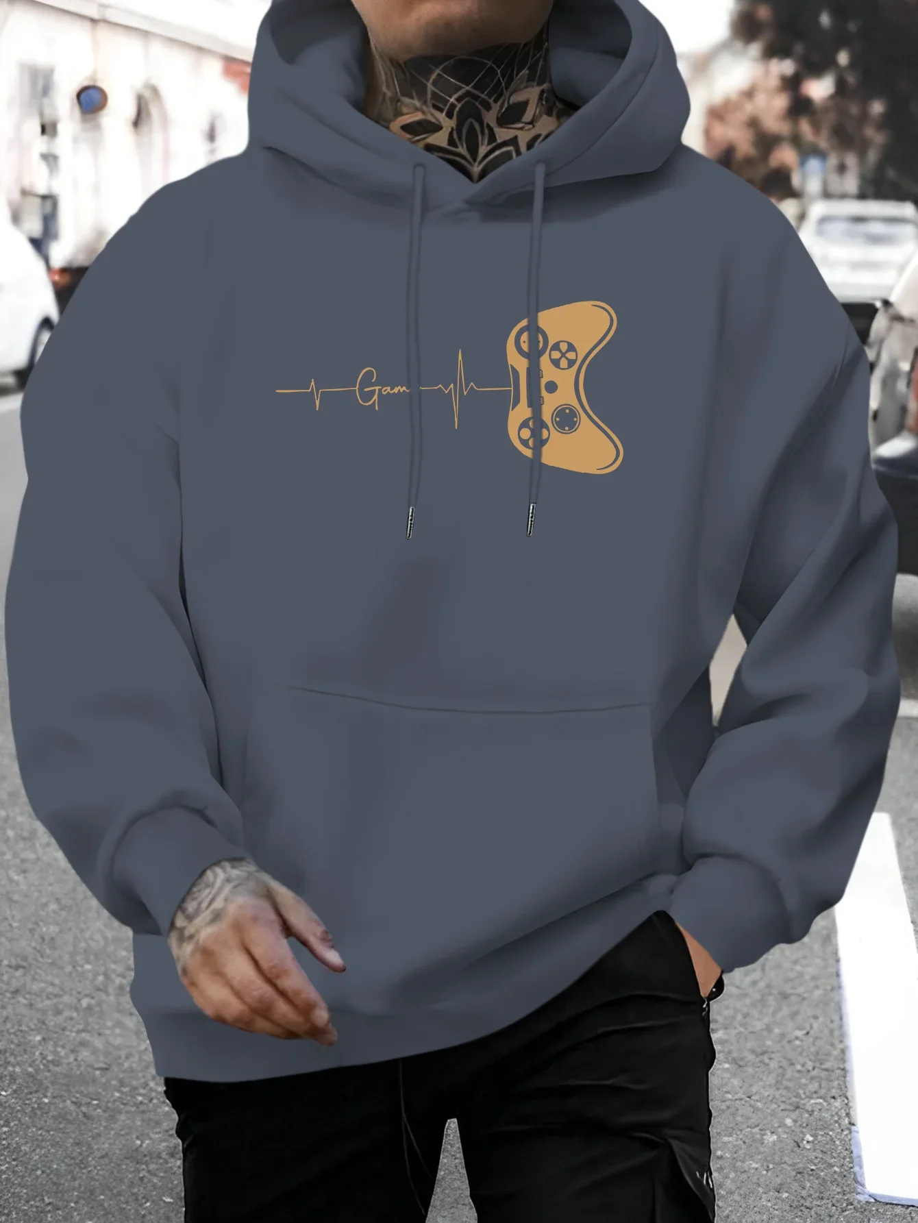 Men Oversized Pullover Hoodie Game Controller Heartbeat Chest Print Gamer Streetwear Long Sleeve Fleece Sweatshirt Autumn Winter