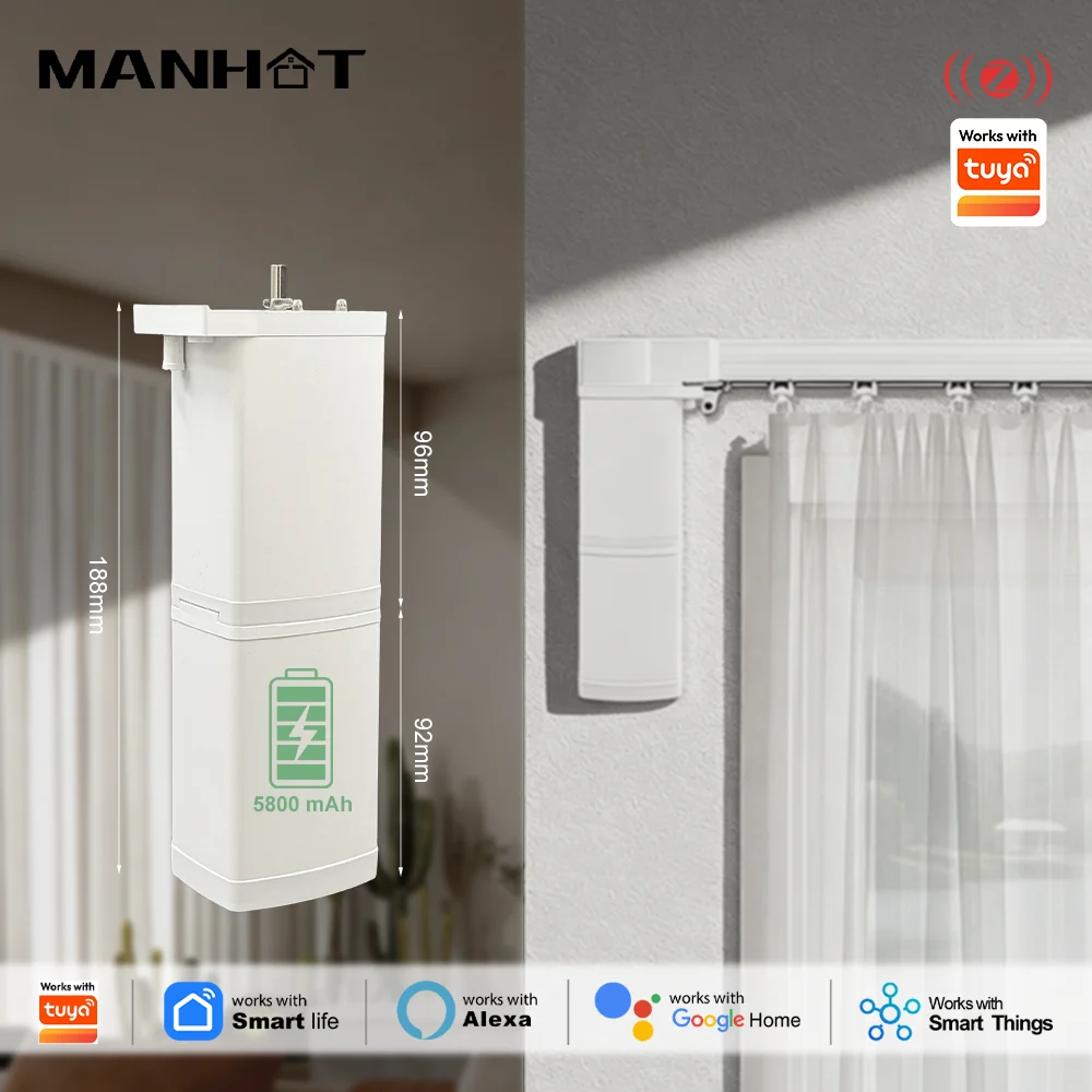 MANHOT Zigbee Smart Curtain Motor 5800mAh 19cm Mini Hidden Design Removable Battery App Voice Control Smart Life Alexa Google
