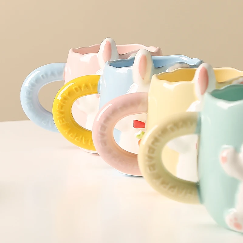 Creative Relief Rabbit Ceramic Mug Drinking Cup Super Nice Couple Cute Cartoon Coffee Cup Kitchen Breakfast Milk Cup Tableware.