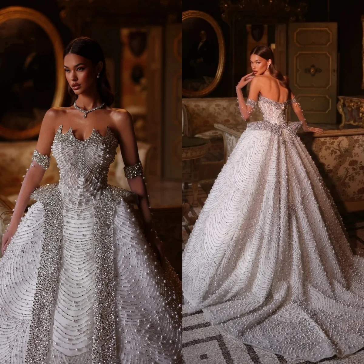 

Роскошные свадебные платья с кристаллами и жемчугом, без бретелек, бальные платья для невесты, без рукавов, в стиле принцесса, со шлейфом, на заказ, Vestidos De Novia