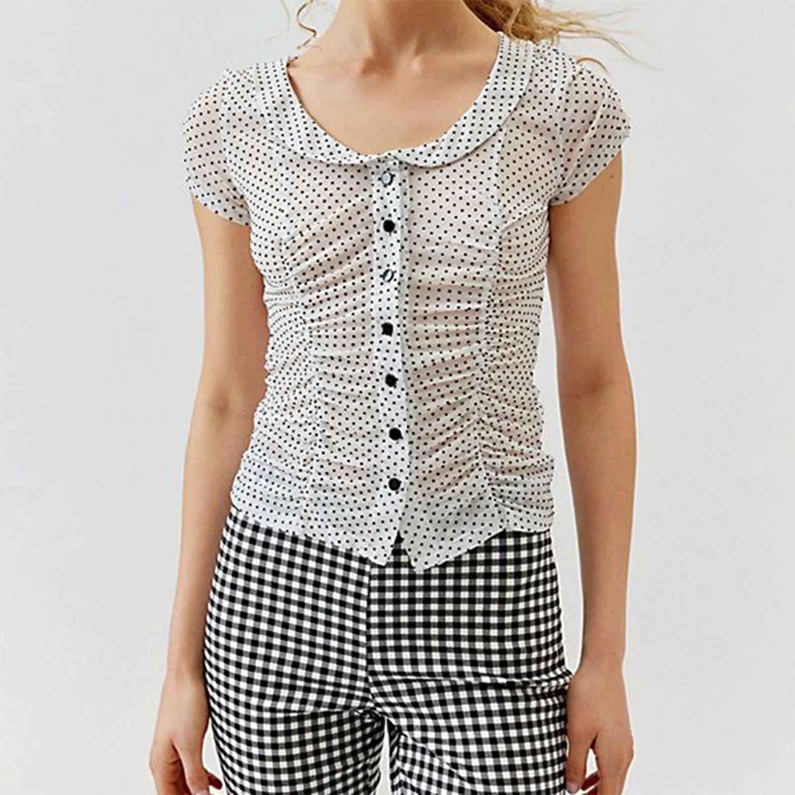 

Women Button Down Blouses Fashion Short Sleeve Shirts Summer Dot Print Doll Collar Casual Crop Tops Female Streetwear