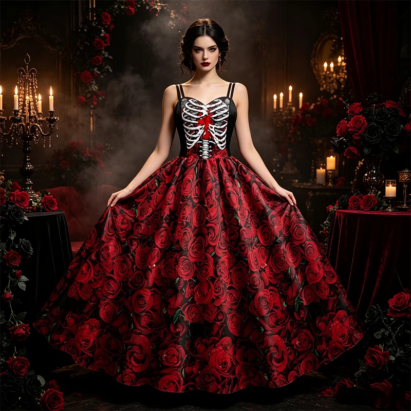 Damen Halloween Ärmelloses Swing-Kleid Skelett-Rippenkasten Rote Rosen-Druck Spaghetti-Träger Midikleid Gothic Party Cosplay Outfit – Detail 5