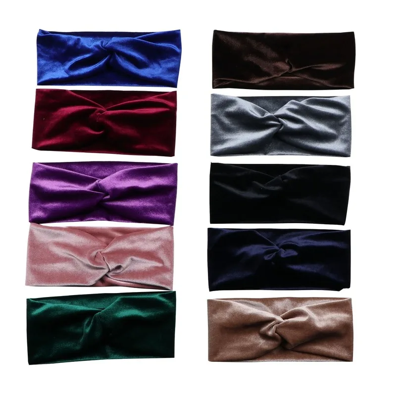 Gold Velvet Headband Bright Solid Color Versatile Cross Knot Bow Headwear Hair Accessories for Women Wide Hairband Turban