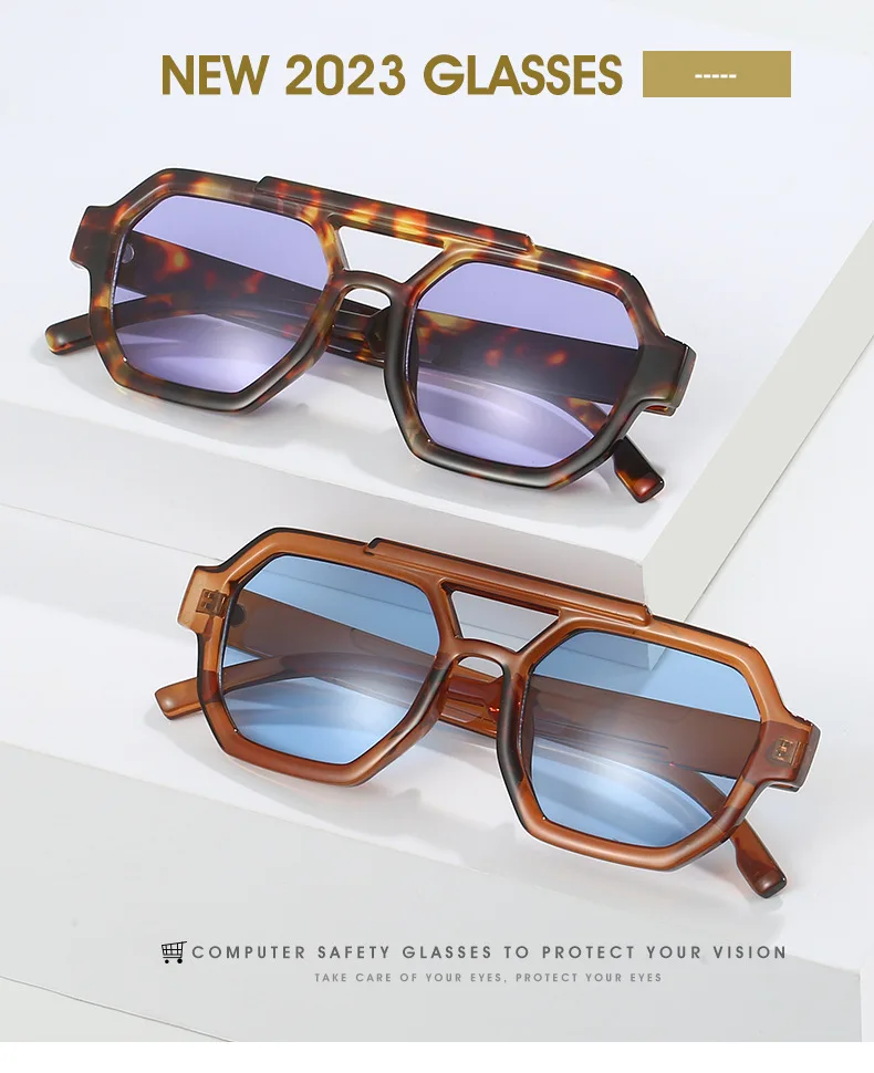 Mode Pilot Übergroße Sonnenbrille Für Frauen Neue Doppel Brücken Sonnenbrille Weibliche Retro Quadrat Leopard Lila Brillen Trendy – Detail 2