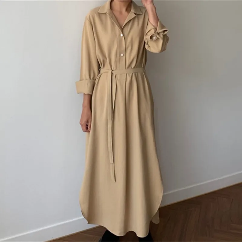 Johnature New Korean Women Bandage Shirt Dresses 2024 Autumn Turn-down Collar Loose Botton Full Sleeve Solid Color Female Dress