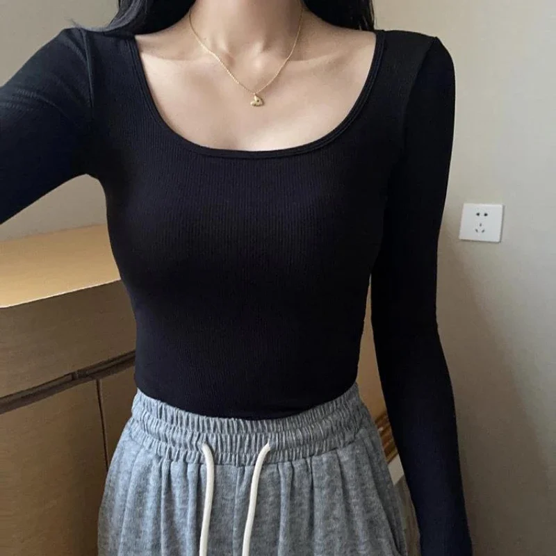 Square Collar Brushed Plus Velvet Thermal Underwear Bottoming Shirt Slim Long-sleeved T-shirt with Chest Pad Autumn and Winter