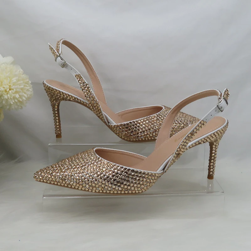 2023 New Arrival bridal Champagne Gold Pointed Toe Wedding Shoes and bag Woman High Pumps Thin Heel Party Shoes woman Slingbacks