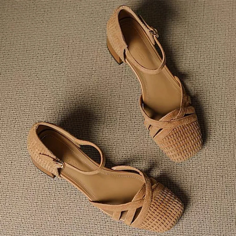 Retro Weave High Heel Sandals Women 2025 Summer Square Toe Ankle Strap Beach Shoes Roman Closed Toe Square Heels Casual Shoes view 6