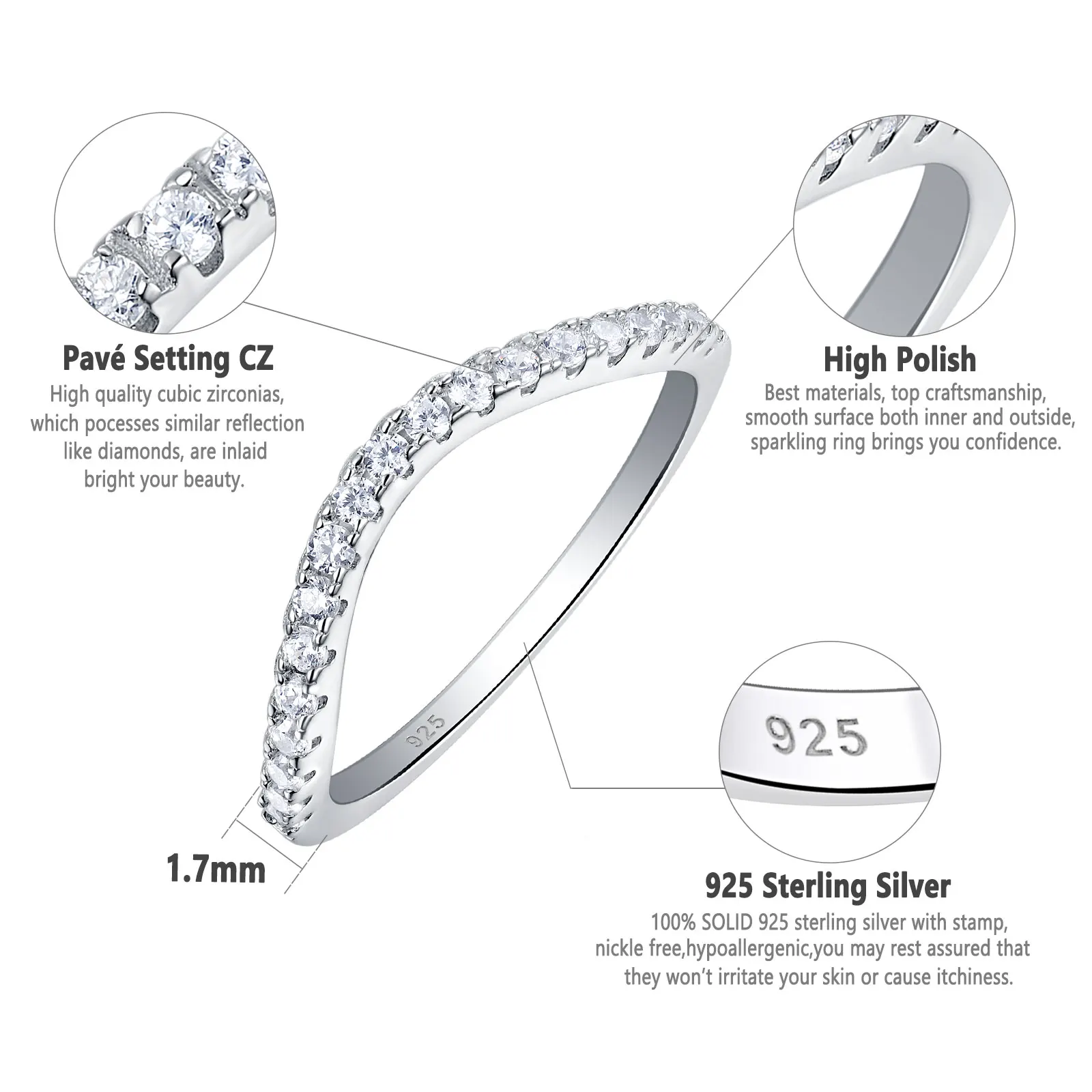 Newshe 925 Sterling Silver Stackable Wedding Band for Women Eternity Rings Curve Wave Design AAAAA Cubic Zircon Jewelry Ring