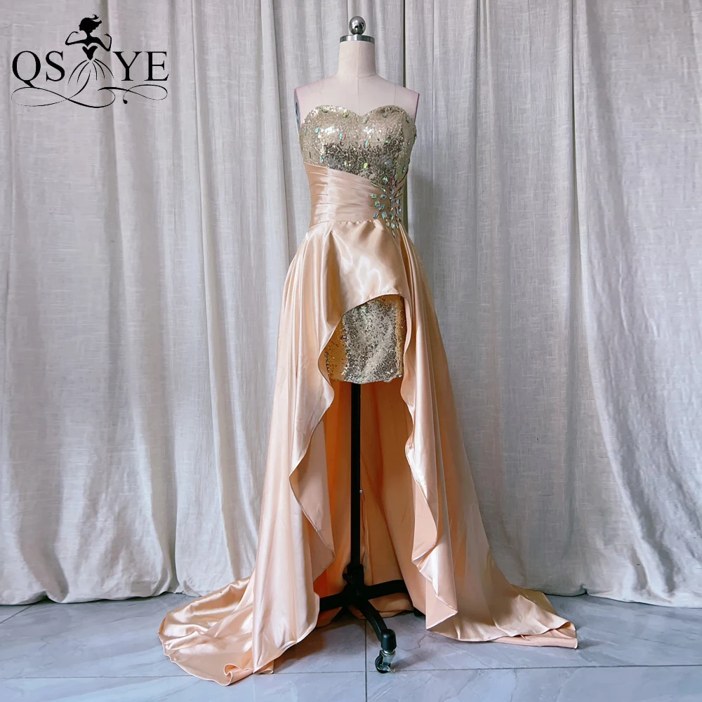 QSYYE-Vestidos largos de graduación sin hombros, traje de noche de satén con cuentas de cristal, vestido de fiesta de tren grande, alto-bajo, color champán