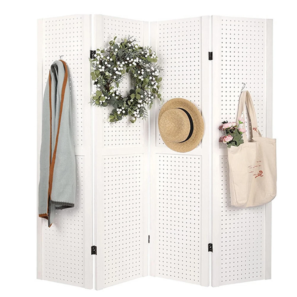 

4 Panel Room Divider Folding Freebstanding Pegboard Wooden Folding Wall Dividers and Folding Privacy Screens for Bedroom