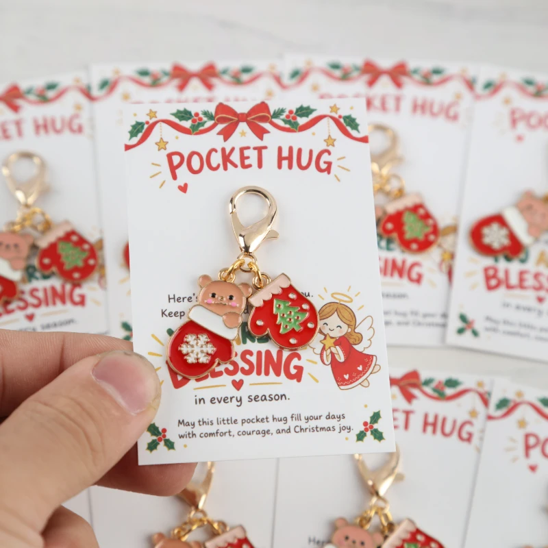 10pcsChristmas Pocket Hug Keychain with Card Comfort and courage gifts Bear Glove Pendant holiday souvenirs Alloy Material Keych