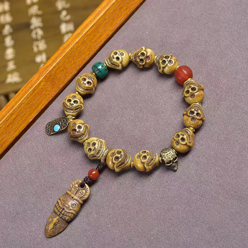 

Backflow Bone Carving Corpse Buddha Main Bracelet Single Circle Material A Dai Agate Dzi Bead Copper Clip Accessories