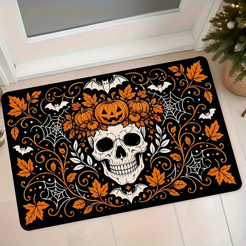 Skull Pumpkin Bat Doormat Maple Leaf Spider Web Print Indoor Floor Rug Halloween Spooky Carpet for Front Porch Home Decor