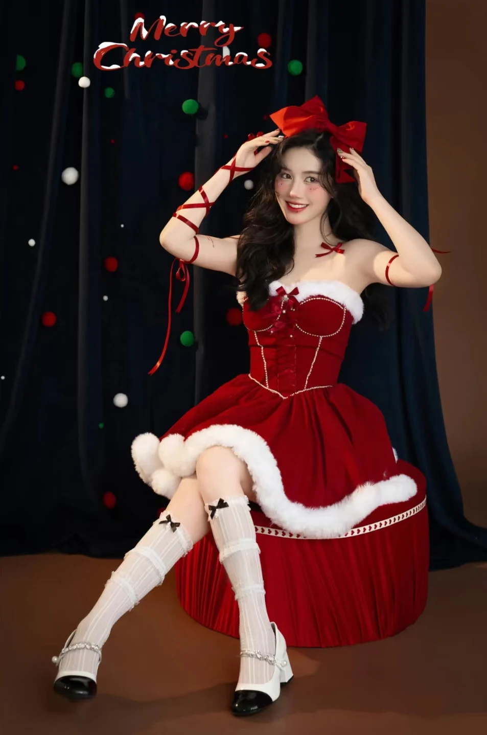 open lace back dress Red Metallic Sequin Strapless Sexy Santa Holiday Outfit Dress – AMIClubwear main image 0