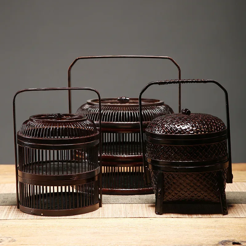 Hand-woven Bamboo Handle Basket Tea Basket Double-layer Japanese Tea Set Storage Basket with Lid Hollowed Out Food Box