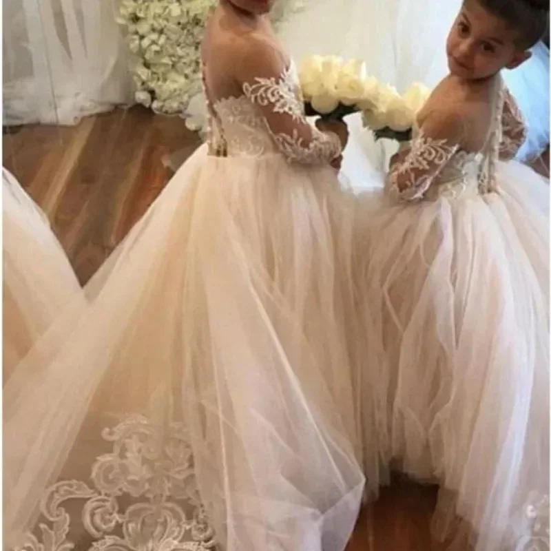 Champagne Trailing Flower Girl Dresses Lace Long A Line Children Kids Girl Wedding Birthday Holiday Party First Communion Dress