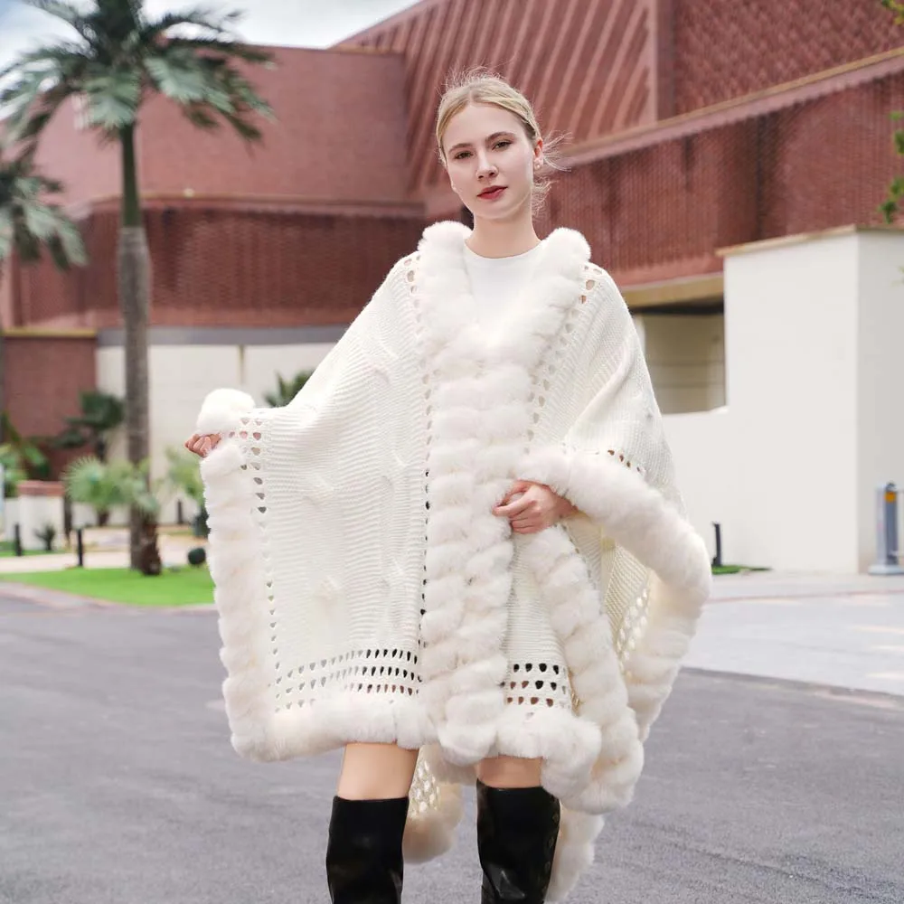 

2025 high quality Winter Knitted Hollow Fur Cloak Coat Shawl Warm Wrap Wedding Cape Stole