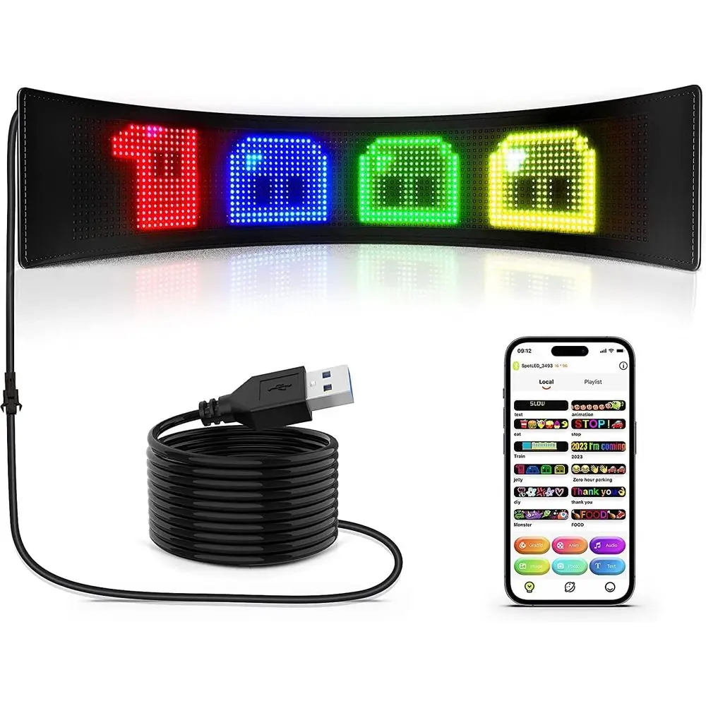 

Полноцветный программируемый LED-экран, 27''x5'', гибкий, USB 5V, многозадачный, с поворотом, управление через Bluetooth-приложение, настраиваемый текст и анимация