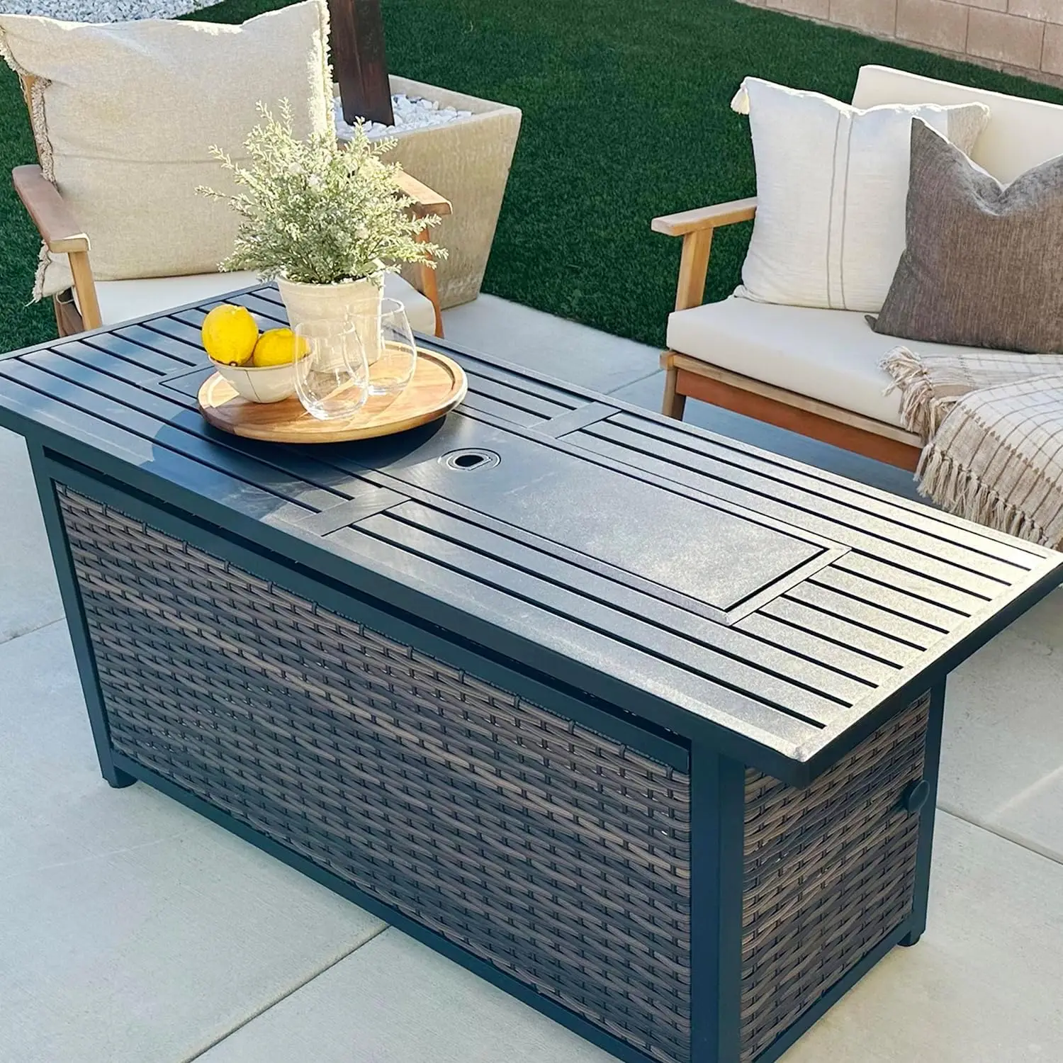 Sophia & William 56 Inch Gas Fire Pit Table Outdoor Rattan Propane Fire Table & Fireplace with Fire Glass, Lid, 50,000 BTU Firep