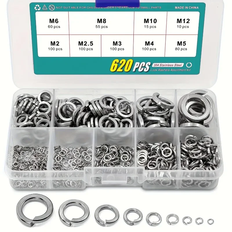 620pcs Stainless Steel Spring Lock Washers Assortment Kit M2/M2.5/M3/M4/M5/M6/M8/M10/M12 Locking Rings Snap Ring Fasteners Set