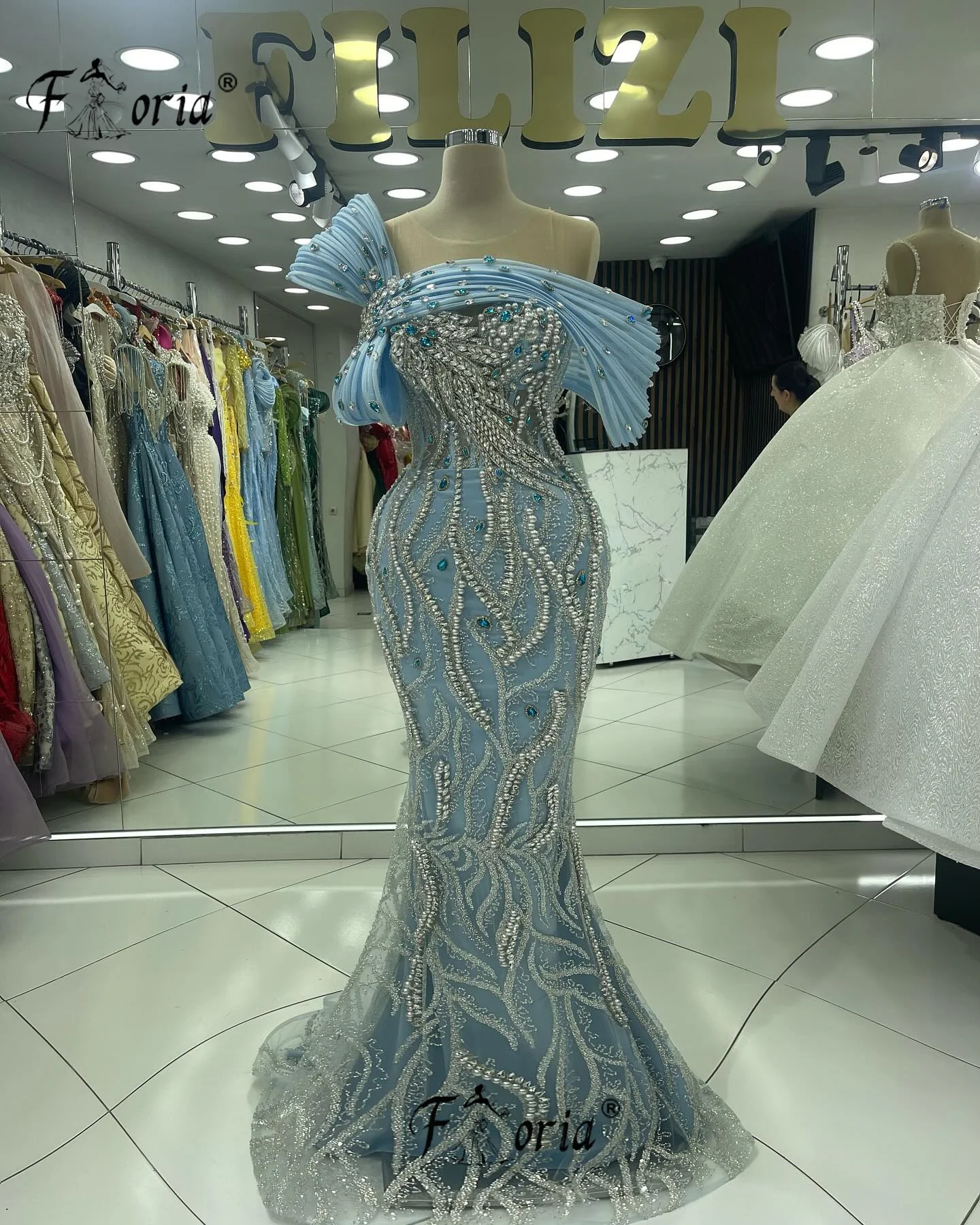 Splendide perle in rilievo Dubai abito da festa formale blu cristallo sirena abiti da sera per occasioni elegante Engament Vestidos de festa