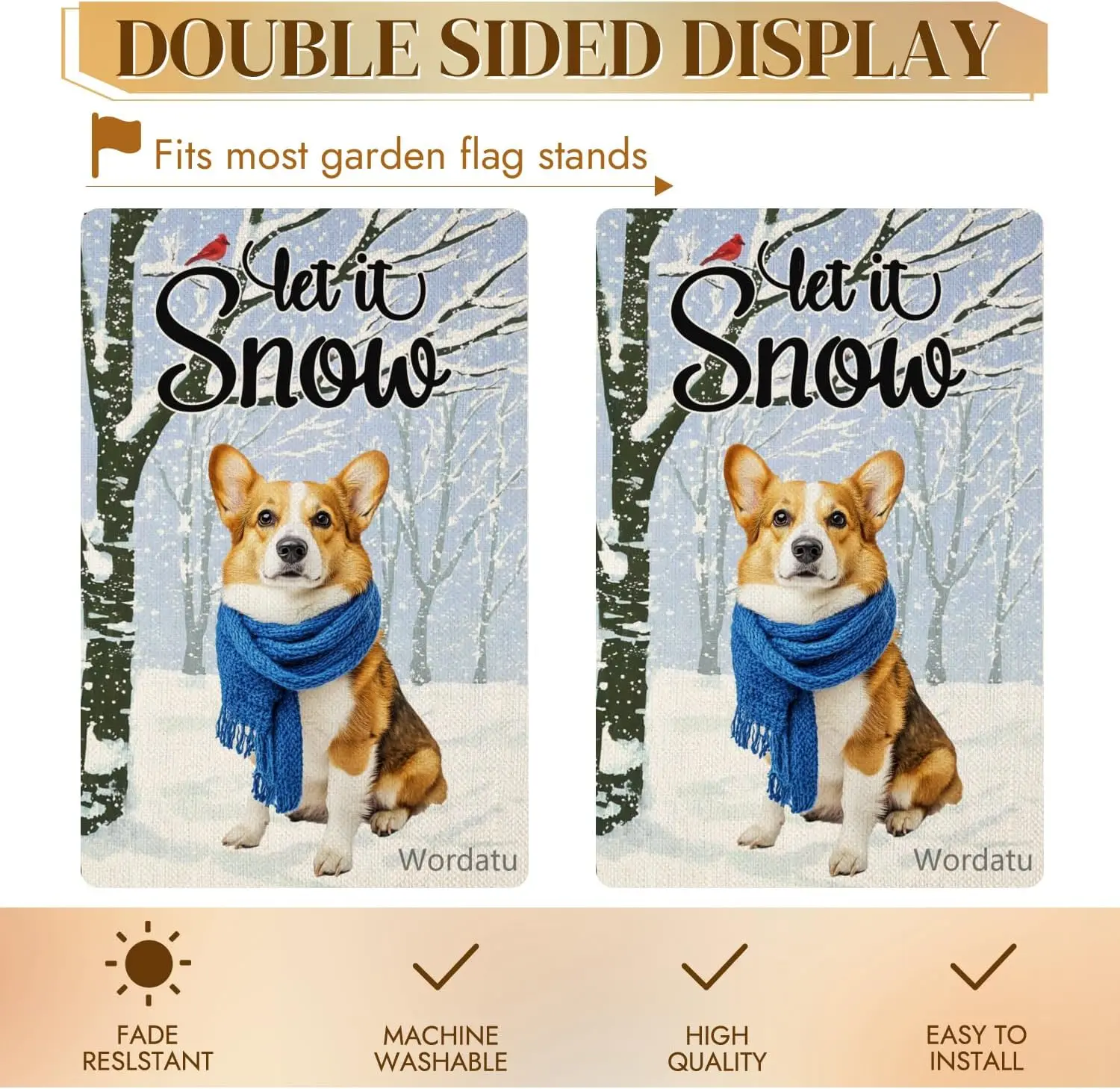 ترحيب الشتاء ثلج الويلزية فصيل كورجي حديقة العلم دع ذلك الثلوج 12x18 بوصة مزدوجة الوجهين الخيش الصغيرة عطلة الثلج العلم الأزرق FFI