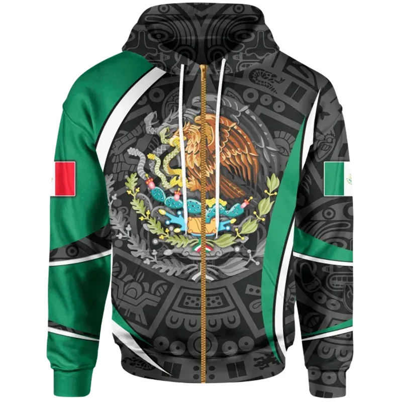 

Harajuku 3D Printing Mexico Skull Aztec Warrior Flag Zip Up Hoodies For Men Mexican Coat Of Arms Graphic Zip Up Sweatshirts Tops