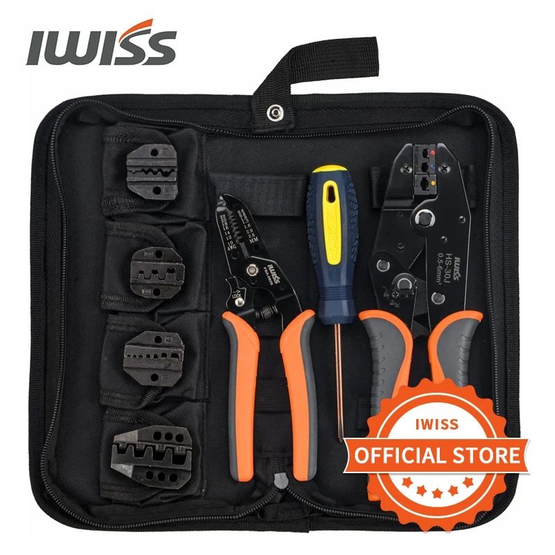 IWISS Ratchet Wire Crimping tool kit w/5 Interchangeable Jaws,Wire Striper&Cutter for Insulated/Non-Insulated Terminals Plier