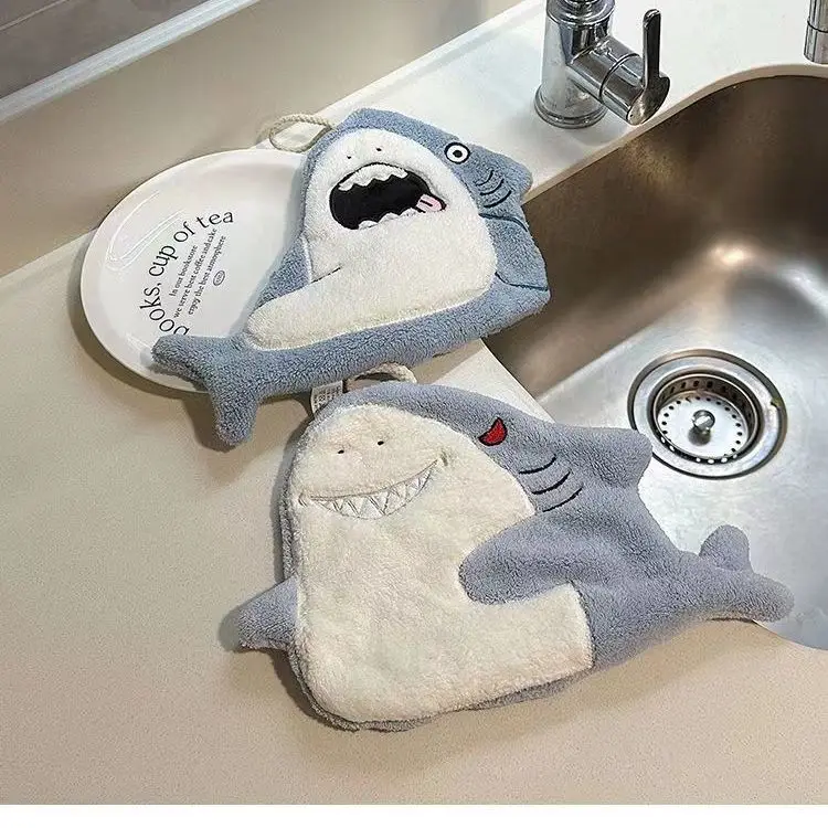 Cartoon Shark Hanging Ring Household Towel, A-level Safety Towel, Embroidered Household Bathroom Kitchen Daily Cleaning Towel