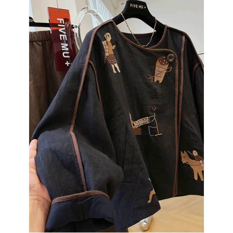 

Короткое пальто с вышивкой и круглым вырезом для женщин, осенняя новая свободная повседневная куртка, топ