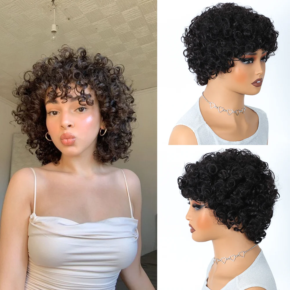 Short Brazilian Jerry Curl Human Hair Wigs With Bang Nature Black Dark For Women Kinky Curly Remy Hair machine made