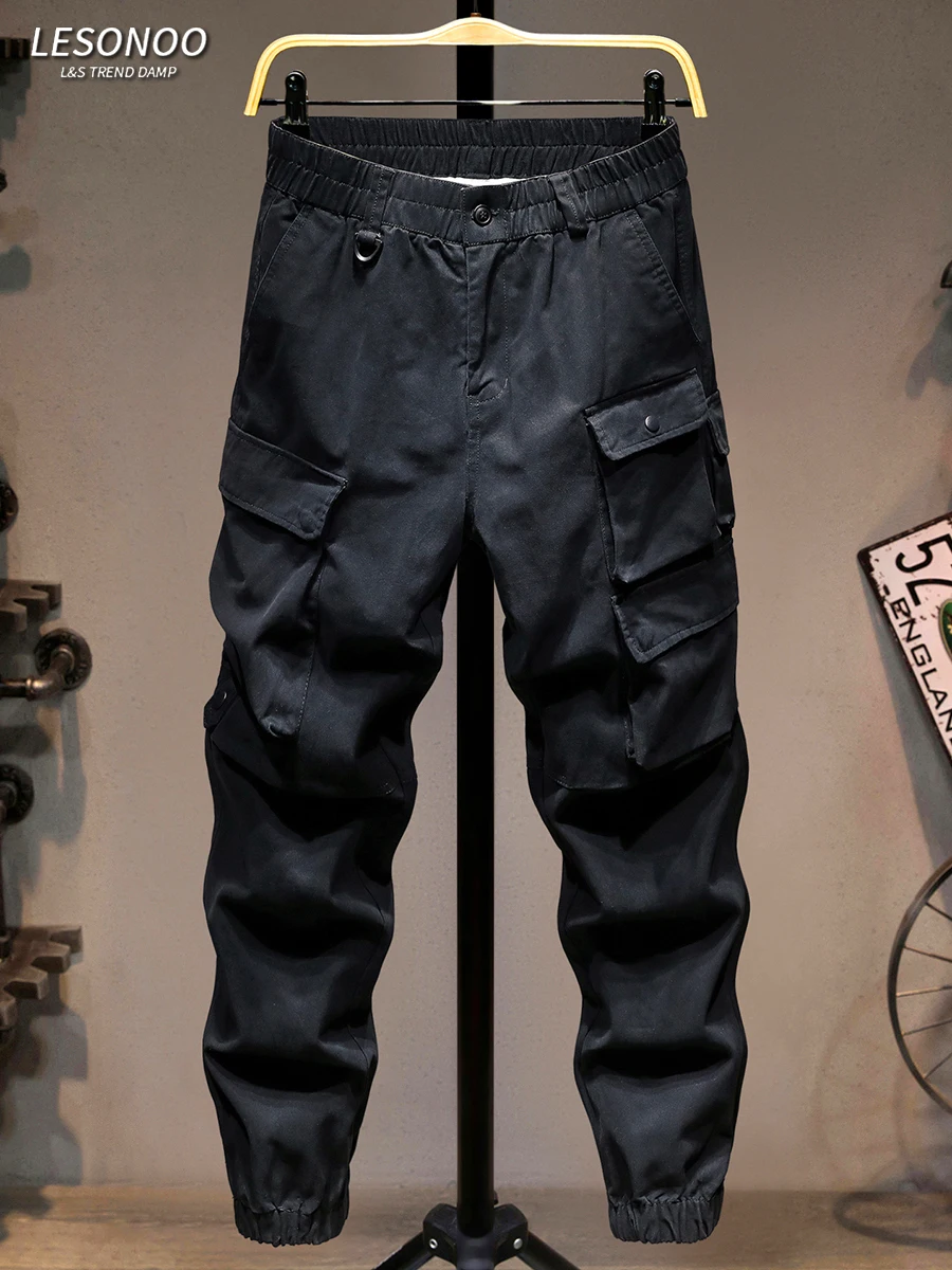 

American Sle Elastic Waist Work Pants Men Loose Trendy Outdoor Casual Pants Multiple kets Faionable Cuffed Trousers
