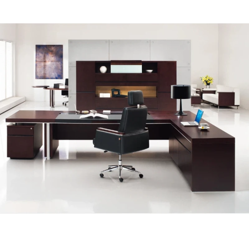 

Managers Command Center Modern Durable L-Shaped Executive Desk With Wood Veneer And Storage