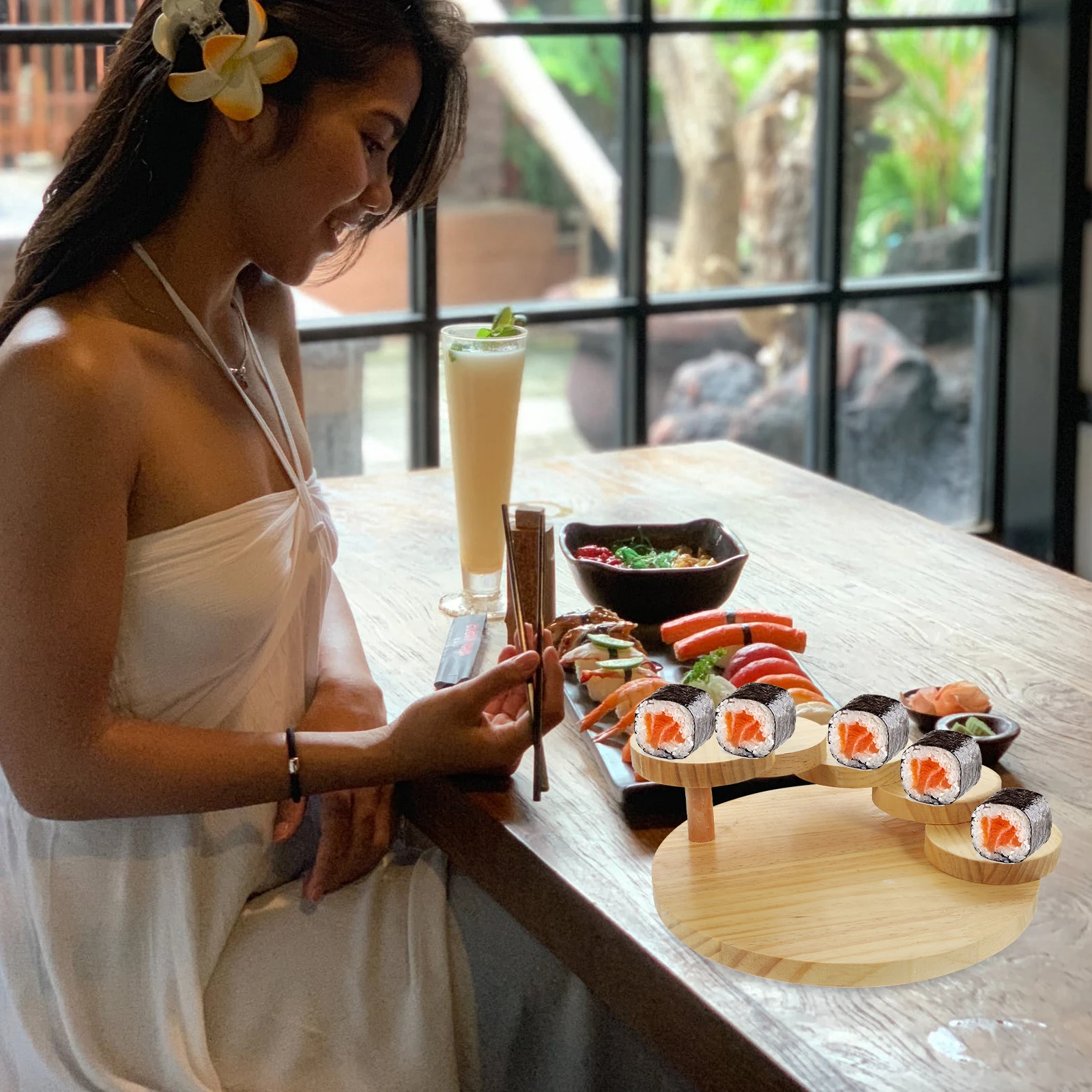 

Creative Wooden Rotating Sushi Tray Large Capacity Stair Design Restaurant Bar Japanese Steak Meat Platter Decorative Plates