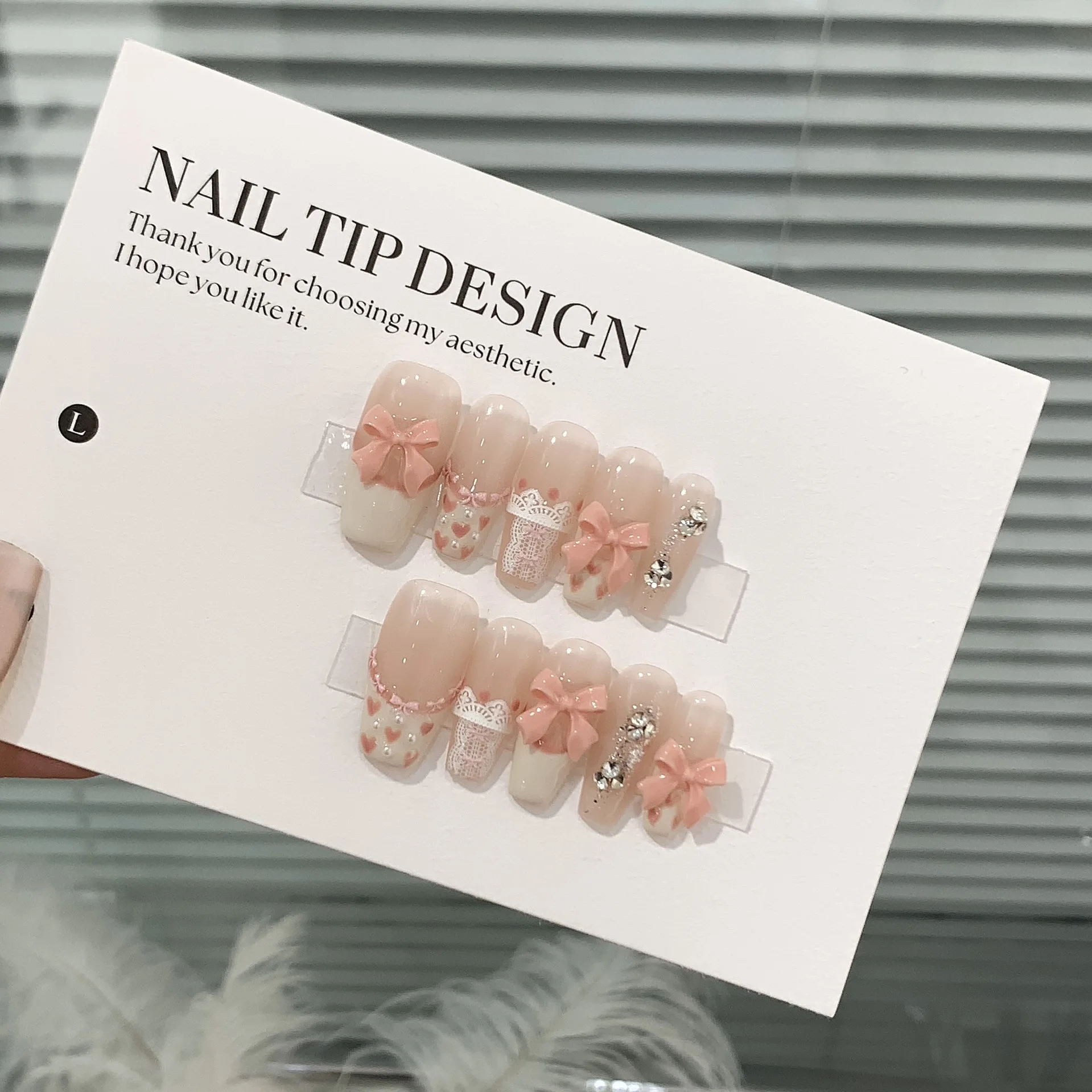 

10PCS Handmade French Style Press on Nails Sweet Pink Bow Lace Fake Nails Wearable Midium Ballet Full Cove Nails Art