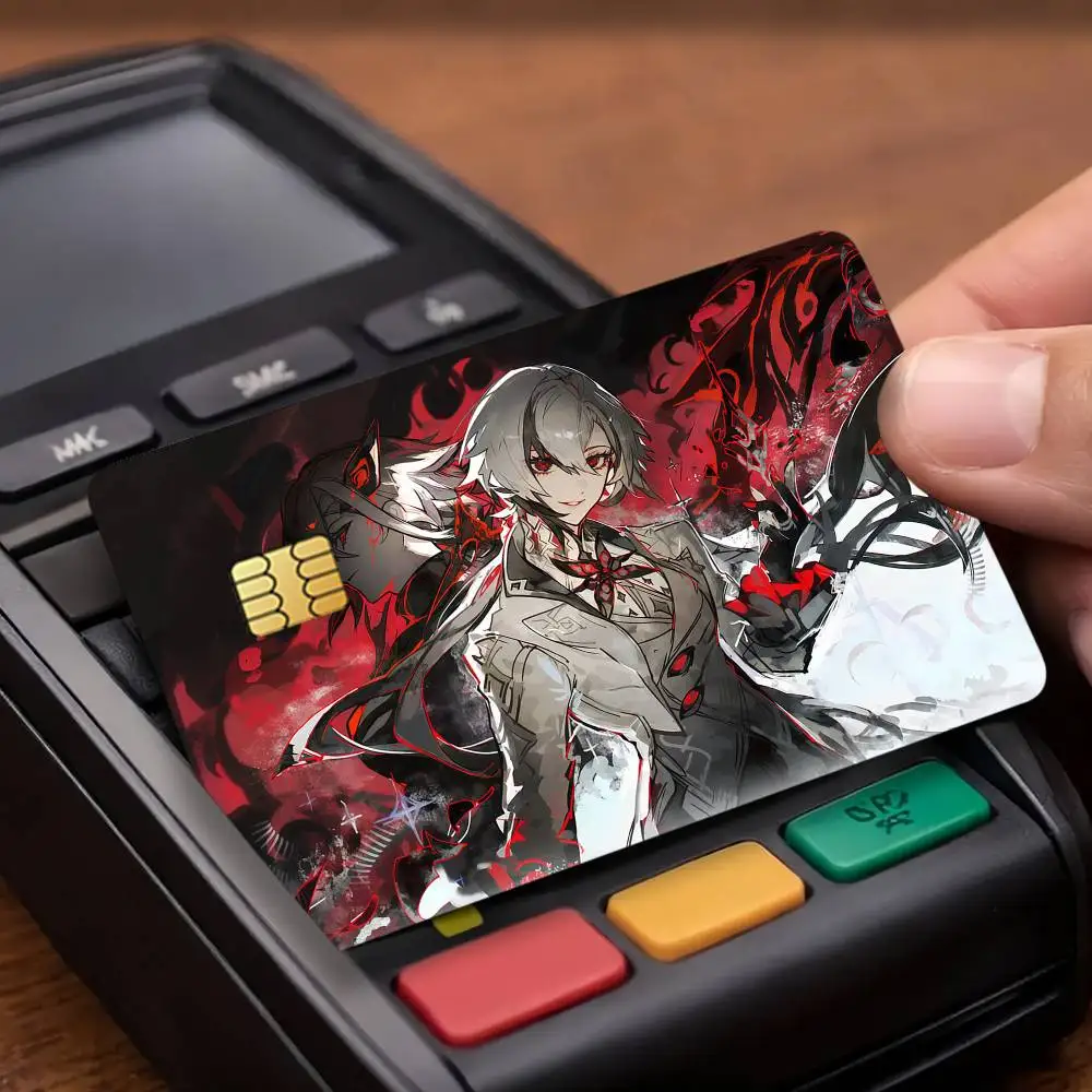 Genshin Impact Arlecchino – autocollant de protection pour cartes de crédit et de transport en commun, décoration de carte imperméable, 4 pièces