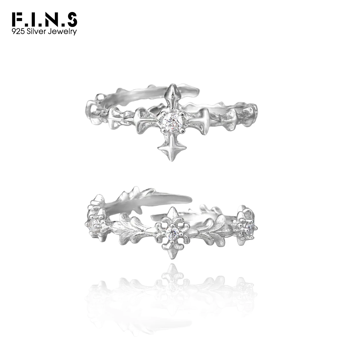

F.I.N.S INS Style Korean S925 Sterling Silver Cross Open Ring Zircon Inlaid Open Adjustable Party Finger Fashion Fine Jewelry