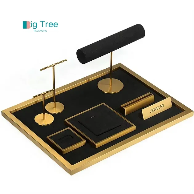 Luxury Custom Black Microfiber Metal High-end Necklace Earrings Rack Holder Jewelry Display Stands Set