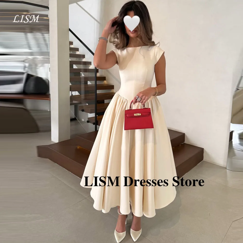 

LISM Vintage Champagne A Line Formal Evening Dresses Arabic Women Jewel Neck Ankle Length Prom Gowns Customized Party Event