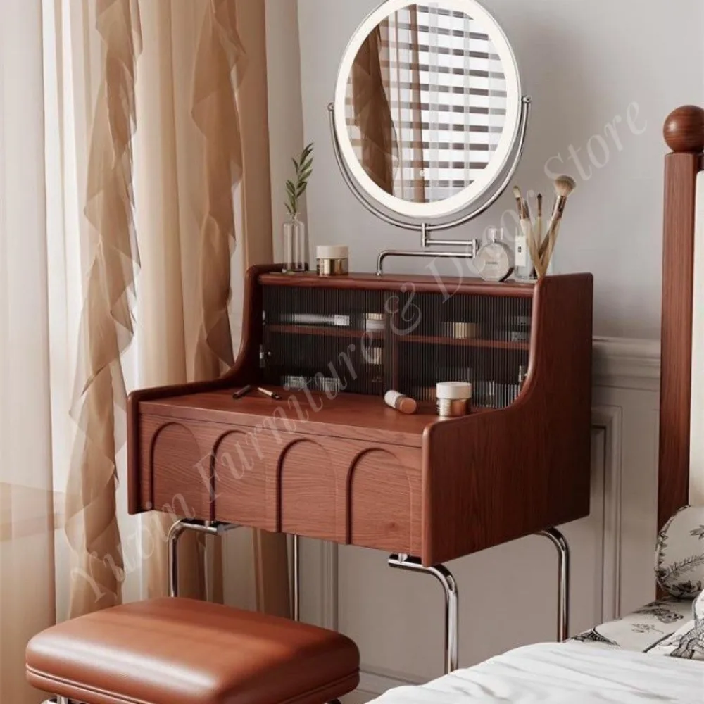 Modern European Minimalist Panel Dressing Table Mirror with Three-color LED Lights Assembled Solid Wood for Apartment Use